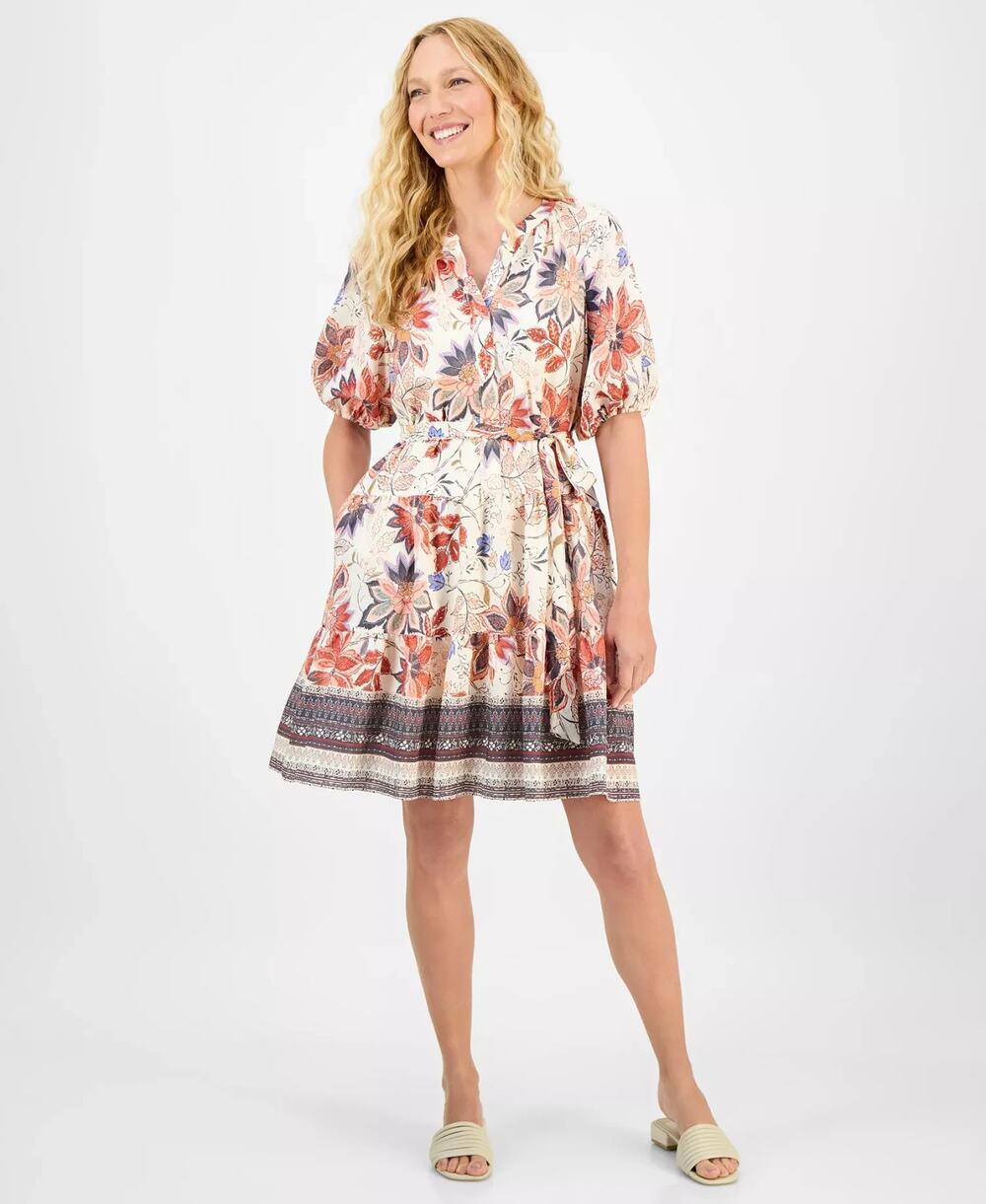 julia jordan Women's Printed Puff-Sleeve Tie-Waist Dress Multi Size Xs 3956